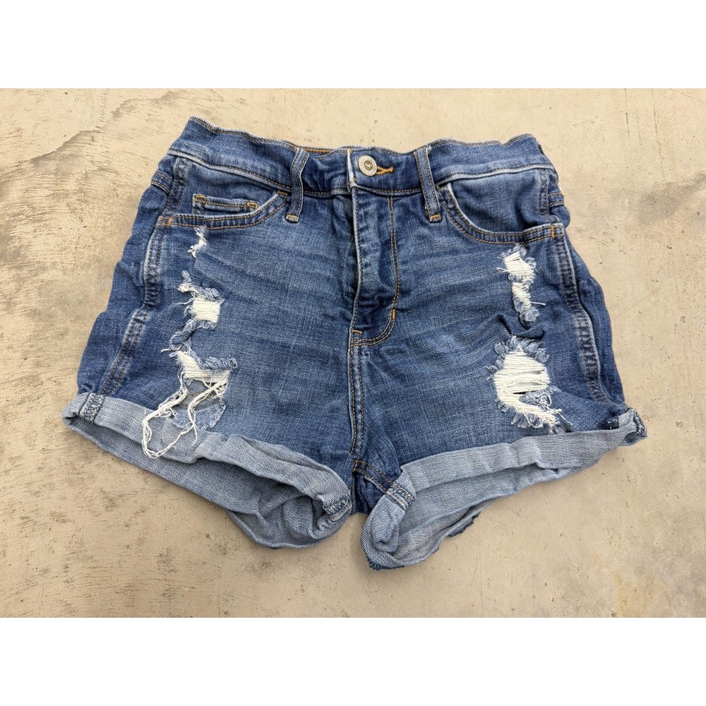 Hollister Women's 1/25 High Rise Short-Short Denim Cutoffs Blue Distressed